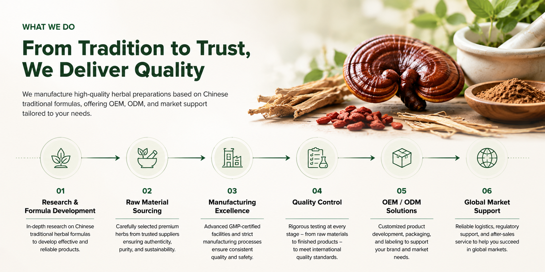 What We Do process flow from research and formula development to global market support